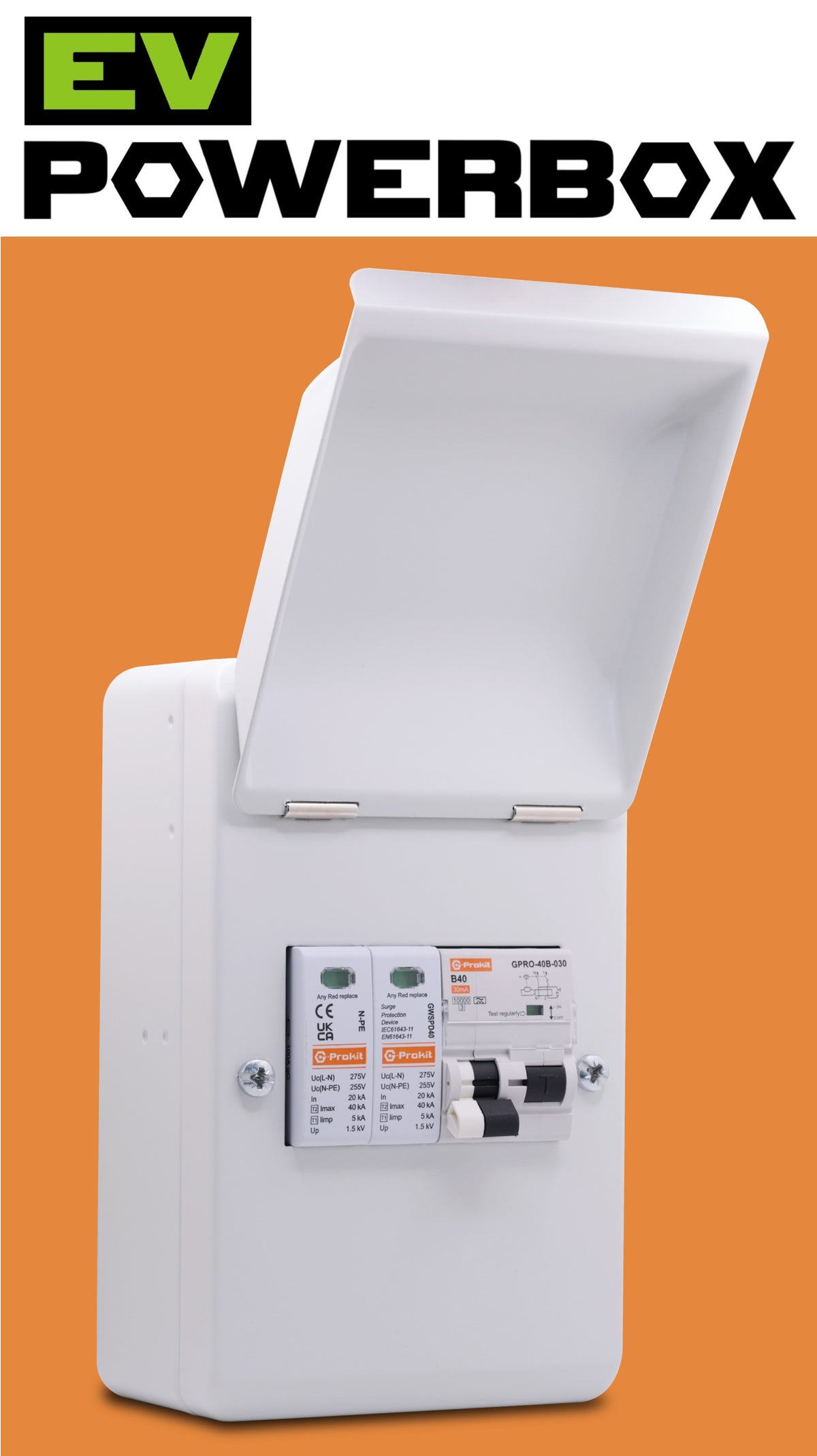 EV POWERBOX 4-way metal IP40 A-Type Bi-Directional B Curve RCBO and Surge Protection Unit for Electric Vehicle Charging