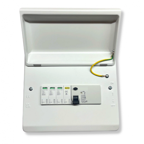 SURGE POWERBOX IP40 Metal Three-phase 8 way IP40 Metal enclosure 4 pole SPD + 4 pole 40A C Curve RCD
