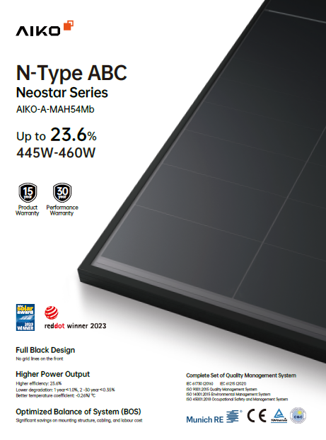 Aiko 455W Full Black N-Type ABC Neostar Series Solar Panel