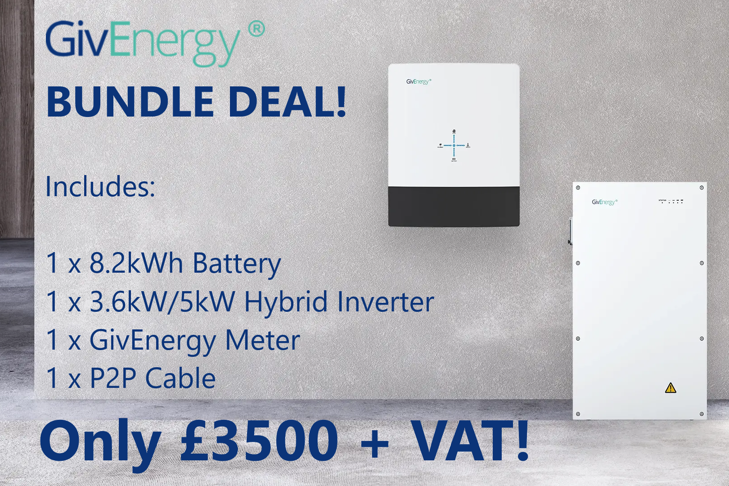 BUNDLE DEAL - GivEnergy 8.2kWh Battery, 3.6kW/5kW Hybrid Gen3 Inverter, Meter and P2P Cable