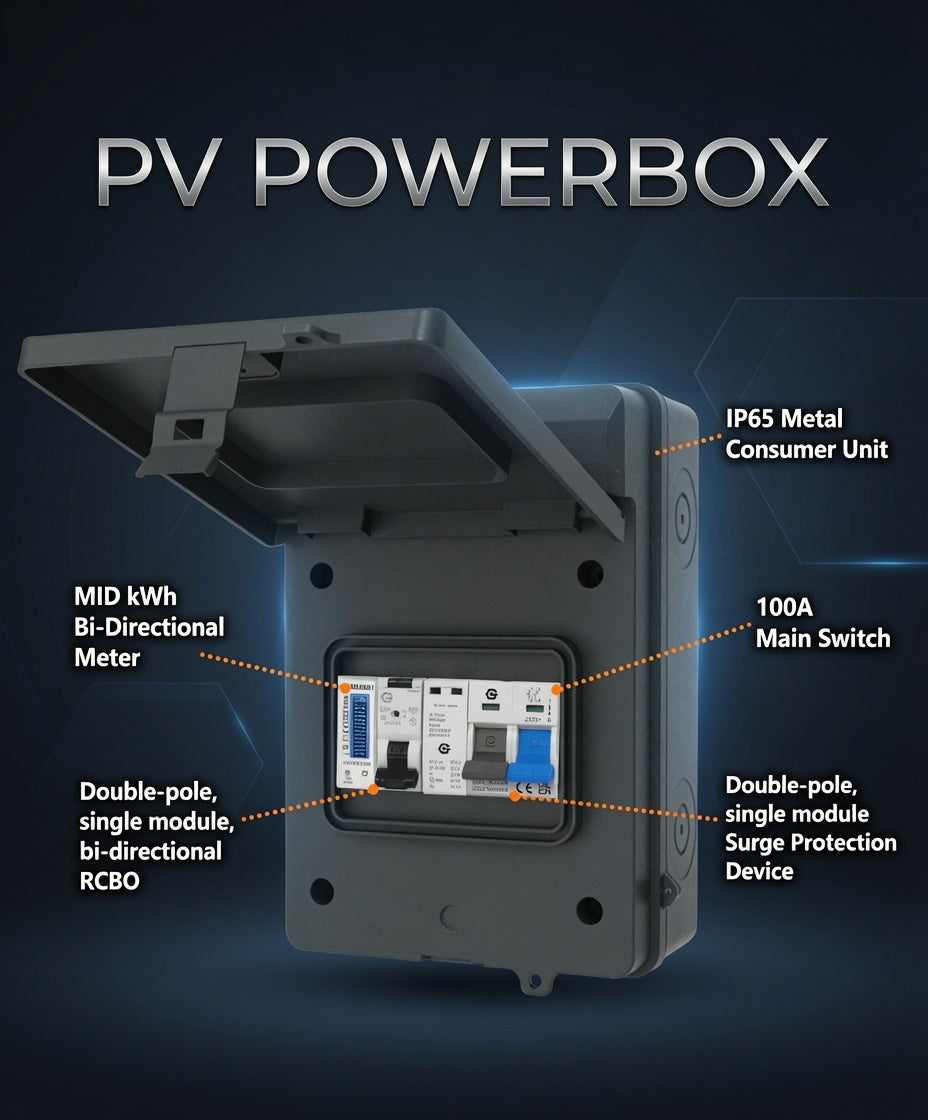 PV POWERBOX IP65 Black Metal Solar / EV Consumer Unit with Import/Export Meter, RCBO and SPD