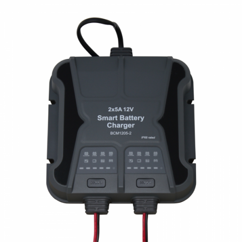 Waterproof 5A 12V dual-output mains battery charger for lead-acid, calcium and lithium batteries