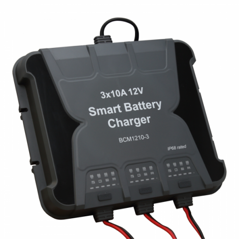 Waterproof 10A 12V triple-output mains battery charger for lead-acid, calcium and lithium batteries