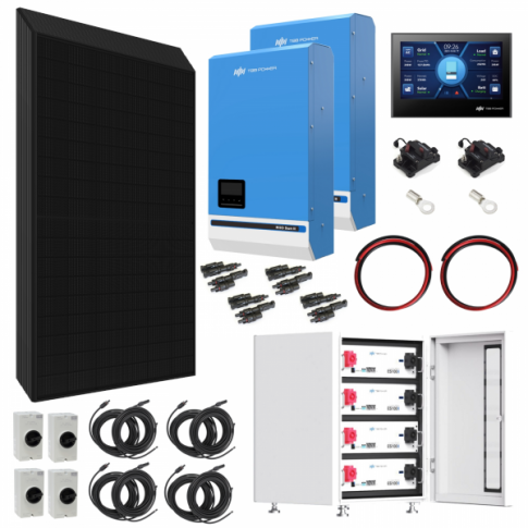 TBB Power 10.32kW 48V Complete Off-grid solar power system with 24 x 430W Sharp solar panels, 2 x 5kW TBB Power RIIOSUN hybrid inverter and 4 x TBB Power ES100II 105Ah batteries with IP65 cabinet