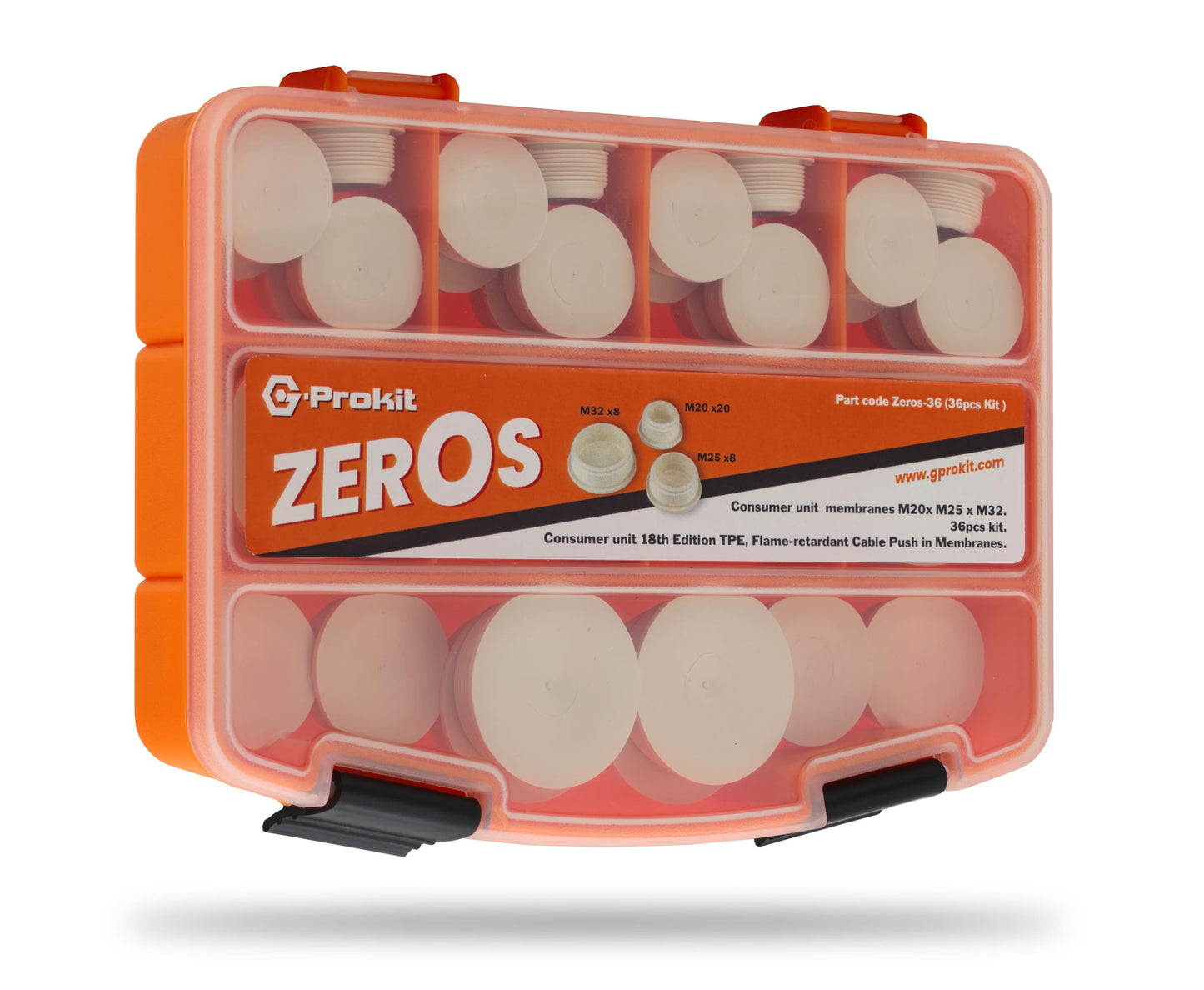 G-PROKIT Zeros 36-Piece Flame-Retardant TPE Membrane Grommet Kit Box, for Consumer Unit Installation - 20mm, 25mm, 32mm, fire Rated, IP66