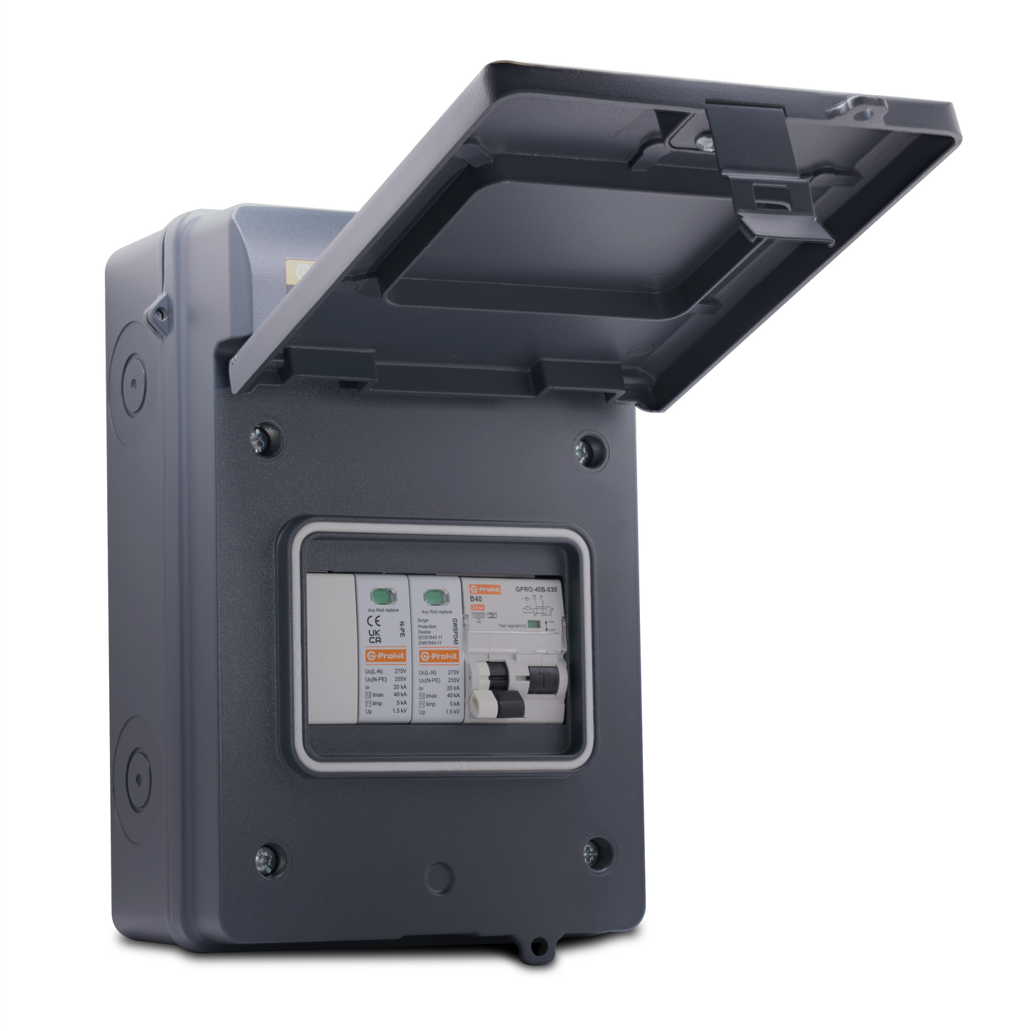 EV POWERBOX IP65 Metal, Black - 5 module IP65 Metal EV Enclosure with A Type Bi-Directional 40A B Curve RCBO and SPD