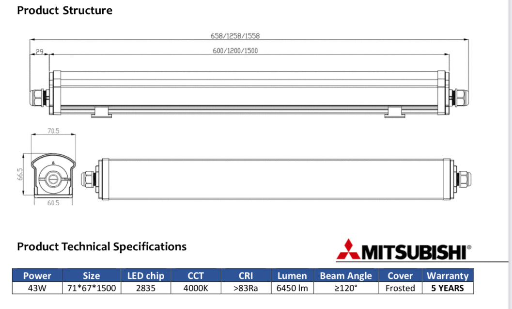 LED BATTEN 1.5M IP66/IK10 43w 6450LM