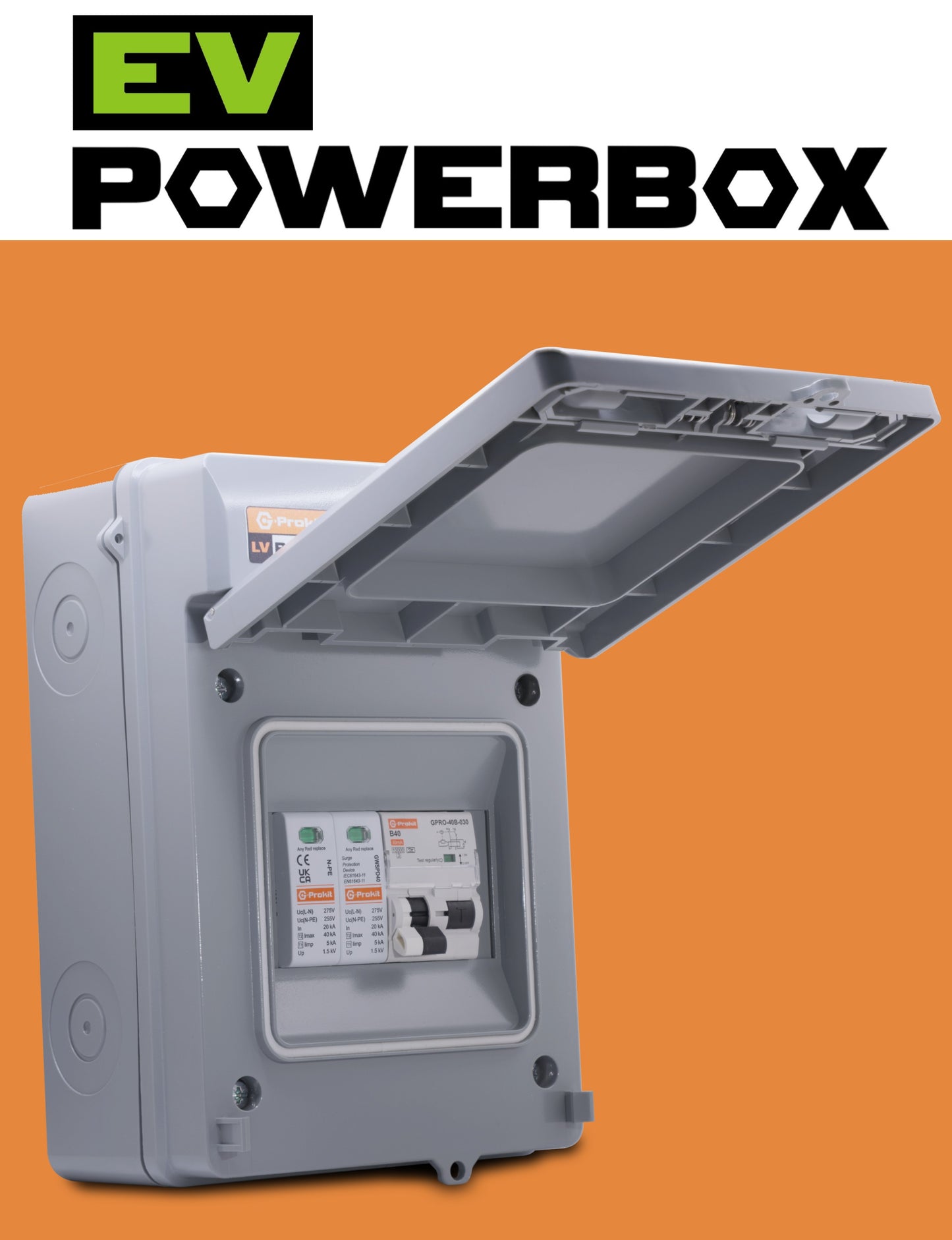 EV POWERBOX IP65 Grey Plastic A-Type Bi-Directional 40A B Curve RCBO and Surge Protection Unit for Electric Vehicle Charging