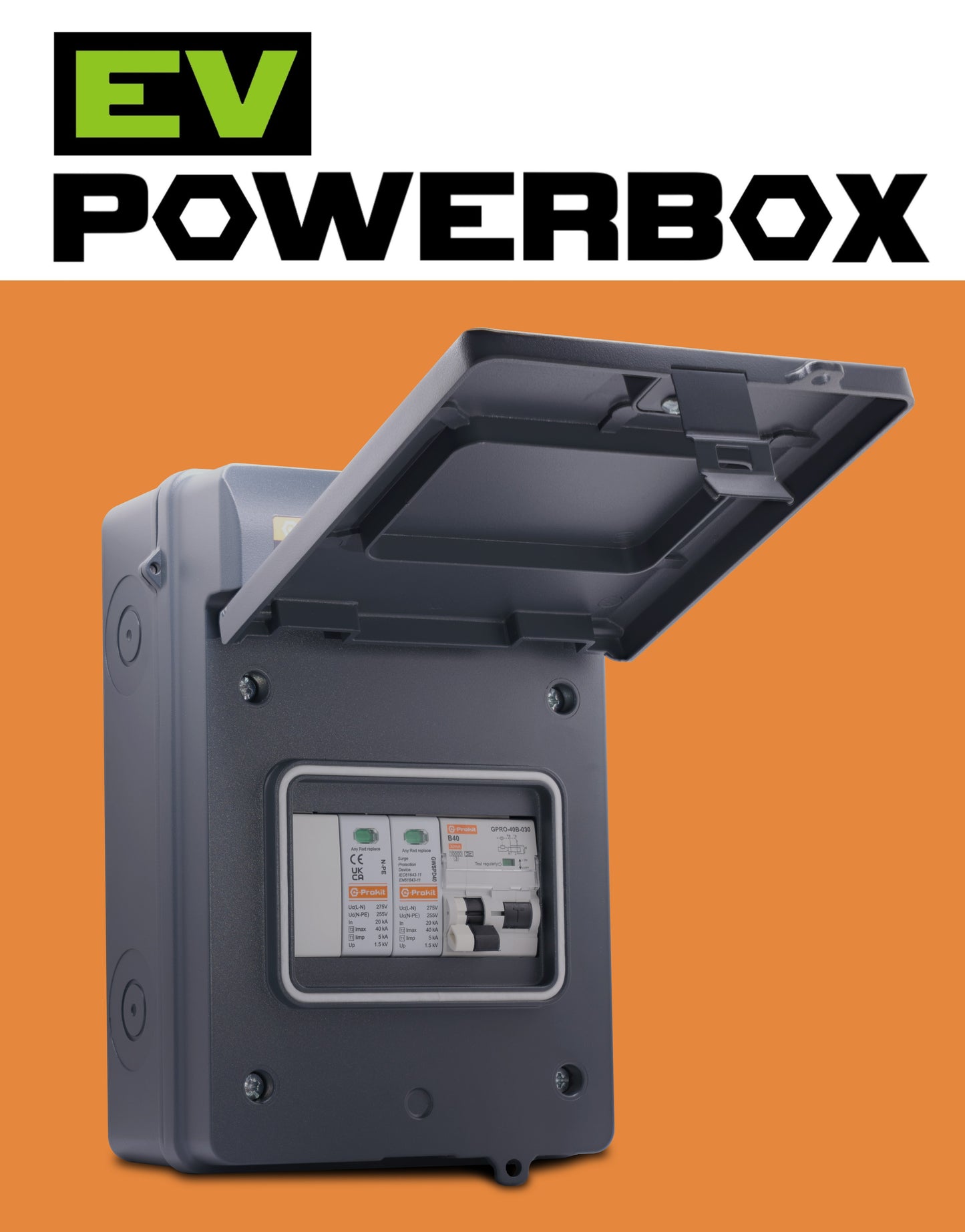 EV POWERBOX IP65 Metal, Black - 5 module IP65 Metal EV Enclosure with A Type Bi-Directional 40A B Curve RCBO and SPD