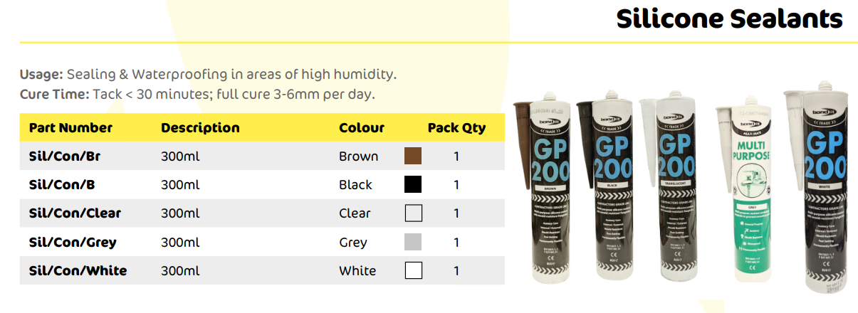 Silicone Sealants  | BLACK | BROWN | CLEAR | GREY | WHITE |