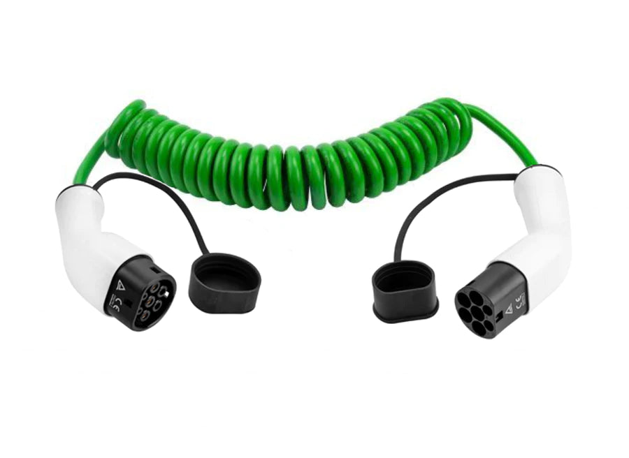 Type 2 EV Coiled Charging Cable | 32 amp | Green or Black | 1.8, 3, 5 or 7.5 metres | Single Phase