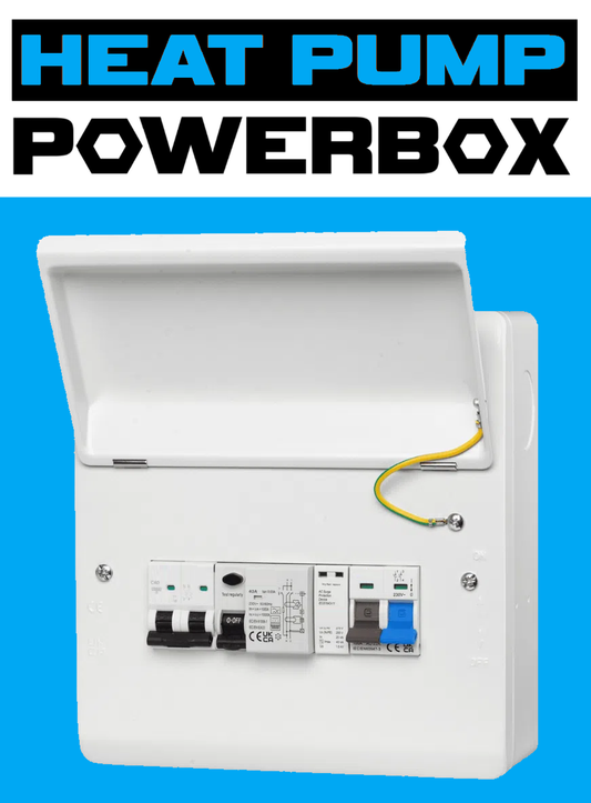 HEAT PUMP POWERBOX IP40 Metal Heat Pump Consumer Unit with 40A Type B RCD, C40 MCB, Type 2 SPD, Main Switch