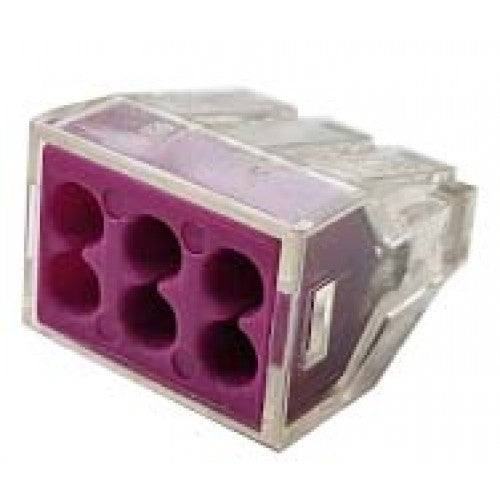 6 Conductor Push In clear connectors for solid and stranded wires re usable - 50 per pack