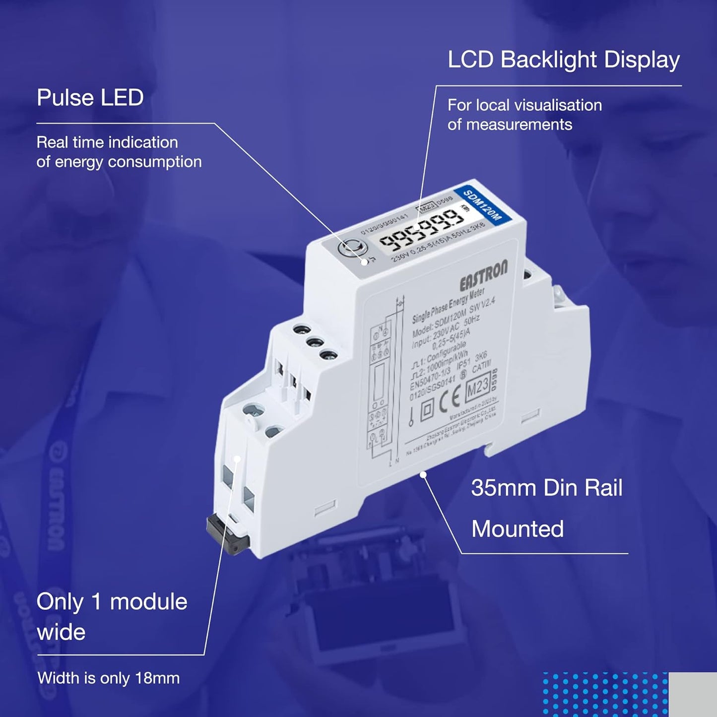 Eastron SDM120-MODBUS-MID RS485 Modbus Single Phase, Electric Energy Meter - Pulse Output 1 1000imp/kWh Electricity Meter - 1U Din Rail-Mounted kWh Meter 45A