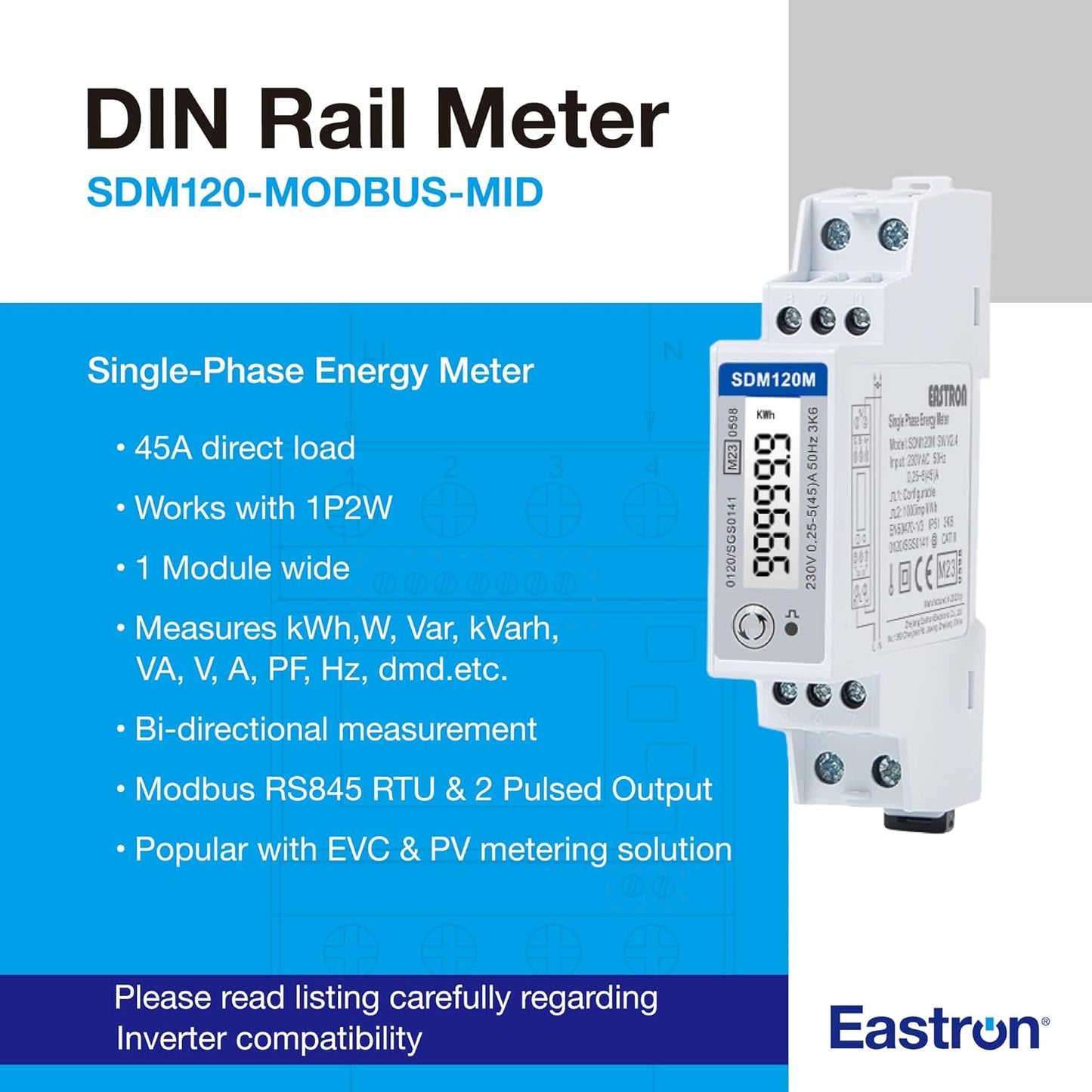 Eastron SDM120-MODBUS-MID RS485 Modbus Single Phase, Electric Energy Meter - Pulse Output 1 1000imp/kWh Electricity Meter - 1U Din Rail-Mounted kWh Meter 45A