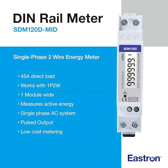 Eastron SDM120D-MID Single Phase, Electric Energy Meter - Pulse Output 1 1000imp/kWh Electricity Meter - 1U Din Rail-Mounted kWh Meter 45A