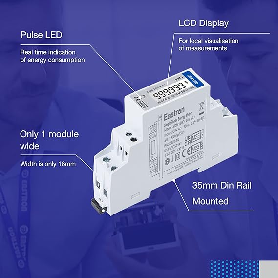Eastron SDM120D-MID Single Phase, Electric Energy Meter - Pulse Output 1 1000imp/kWh Electricity Meter - 1U Din Rail-Mounted kWh Meter 45A
