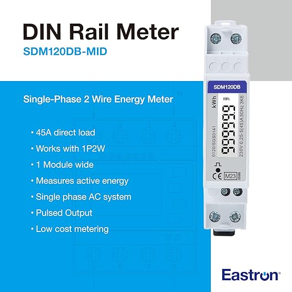 Eastron SDM120DB-MID Backlit Single Phase, 1U DIN-Rail Mounted kWh Meter with 45A-Rated Capability - Pulse Output 1 1000imp/kWh - 18/1P Module