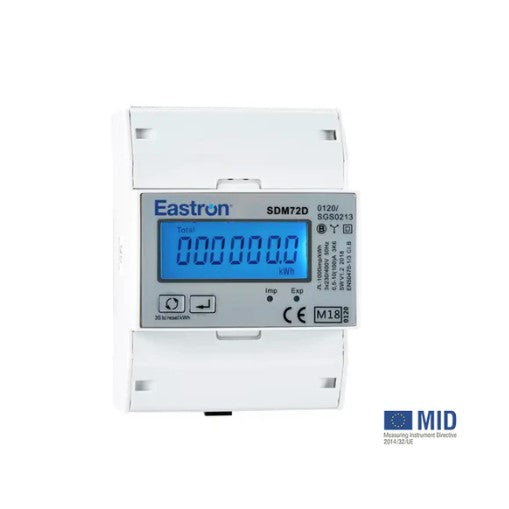 Eastron SDM72D-MID Three Phase Four Wire Din Rail MID Energy Meter - displaying 3p4w Characteristics Such as Power, and Active and Reactive Energy - Pulse Output 2 1000imp/kWh