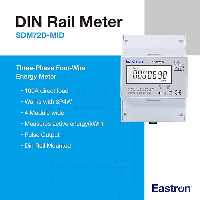 Eastron SDM72D-MID Three Phase Four Wire Din Rail MID Energy Meter - displaying 3p4w Characteristics Such as Power, and Active and Reactive Energy - Pulse Output 2 1000imp/kWh