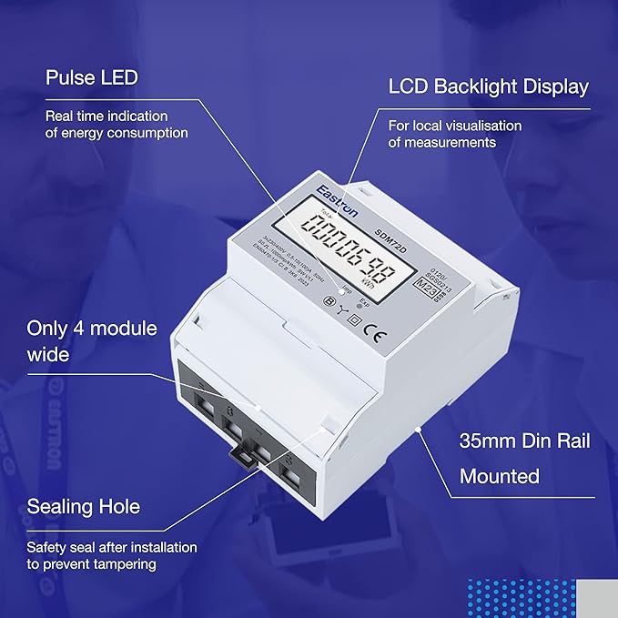 Eastron SDM72D-MID Three Phase Four Wire Din Rail MID Energy Meter - displaying 3p4w Characteristics Such as Power, and Active and Reactive Energy - Pulse Output 2 1000imp/kWh