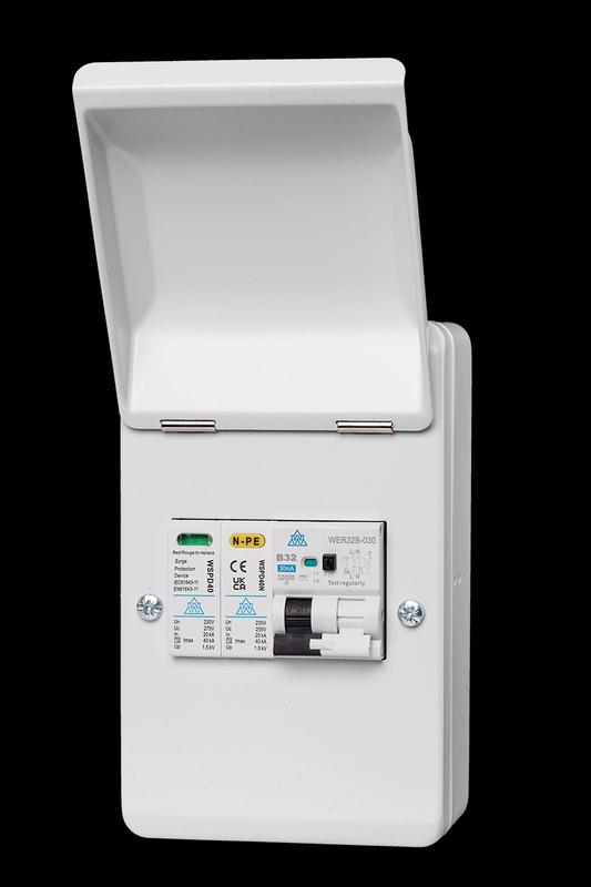 WCED 4-way metal IP40 A-Type Bi-Directional RCBO and Surge Protection Unit for Electric Vehicle Charging