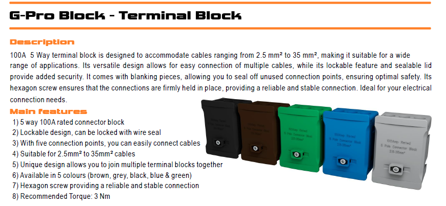 G-Pro Blox 5-Way 100A lockable single pole terminal block