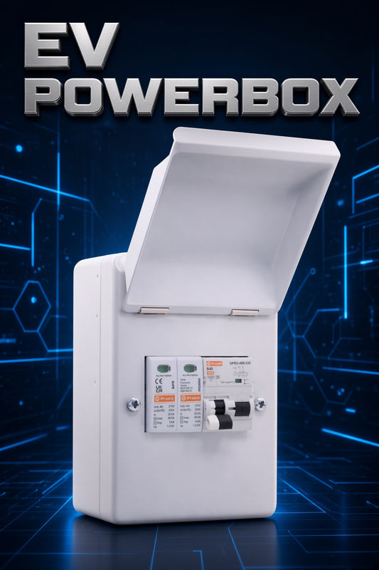EV POWERBOX 4-way metal IP40 A-Type Bi-Directional B Curve RCBO and Surge Protection Unit for Electric Vehicle Charging