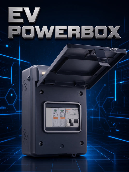 EV POWERBOX IP65 Metal, Black - 5 module IP65 Metal EV Enclosure with A Type Bi-Directional B Curve RCBO and SPD