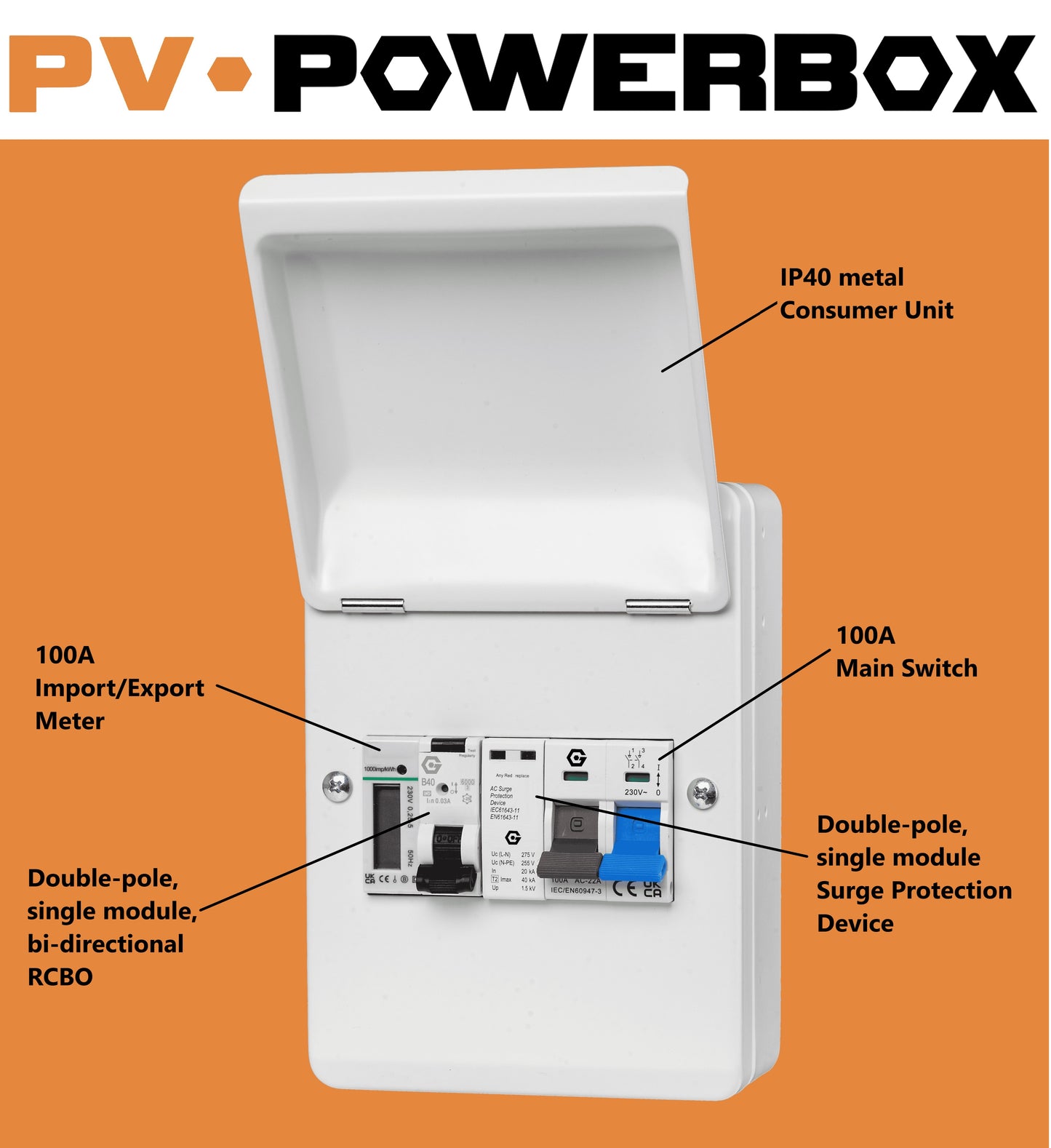 PV POWERBOX IP40 Metal Solar / EV Consumer Unit with Import/Export Meter, RCBO and SPD