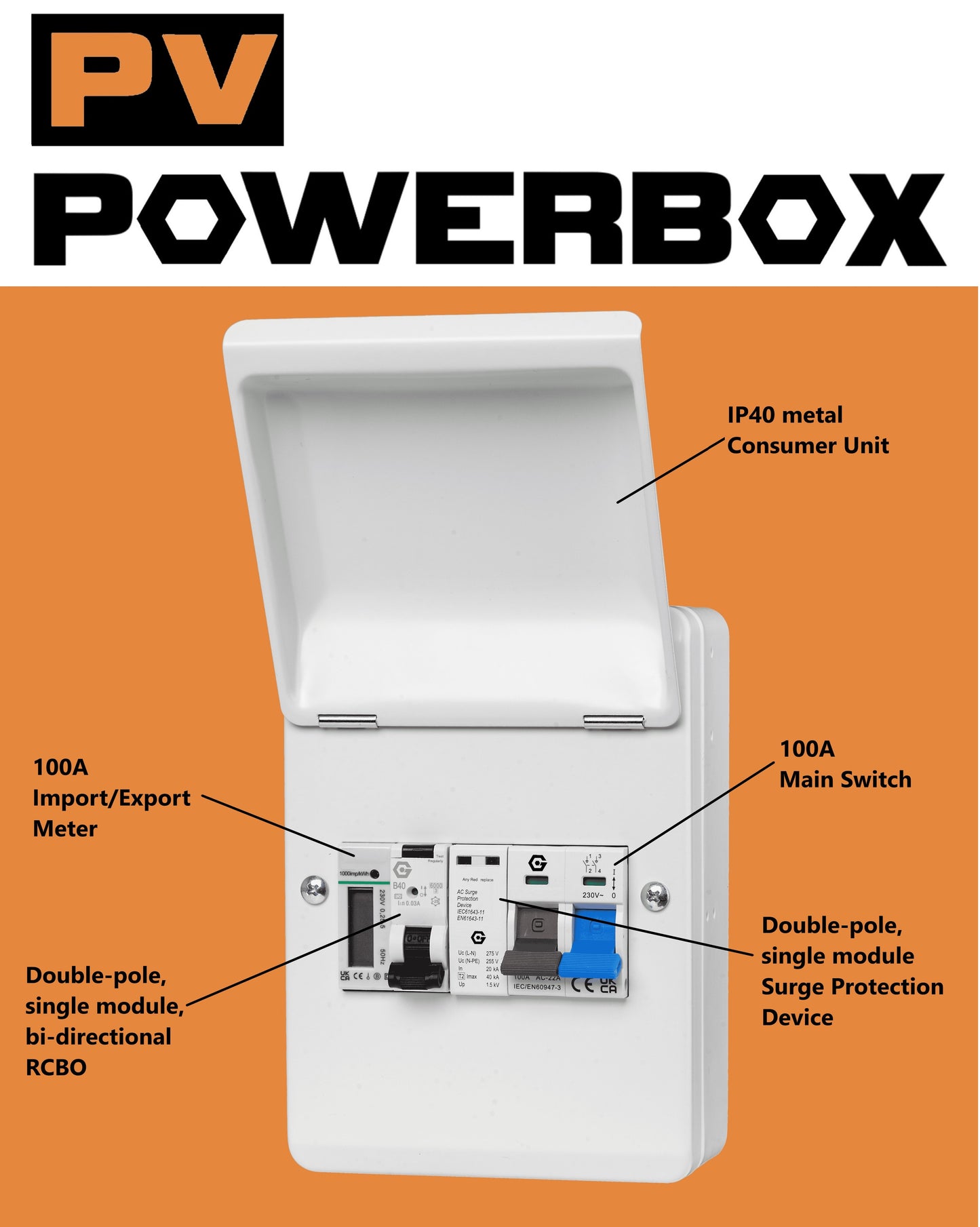 PV POWERBOX IP40 Metal Solar / EV Consumer Unit with Import/Export Meter, RCBO and SPD