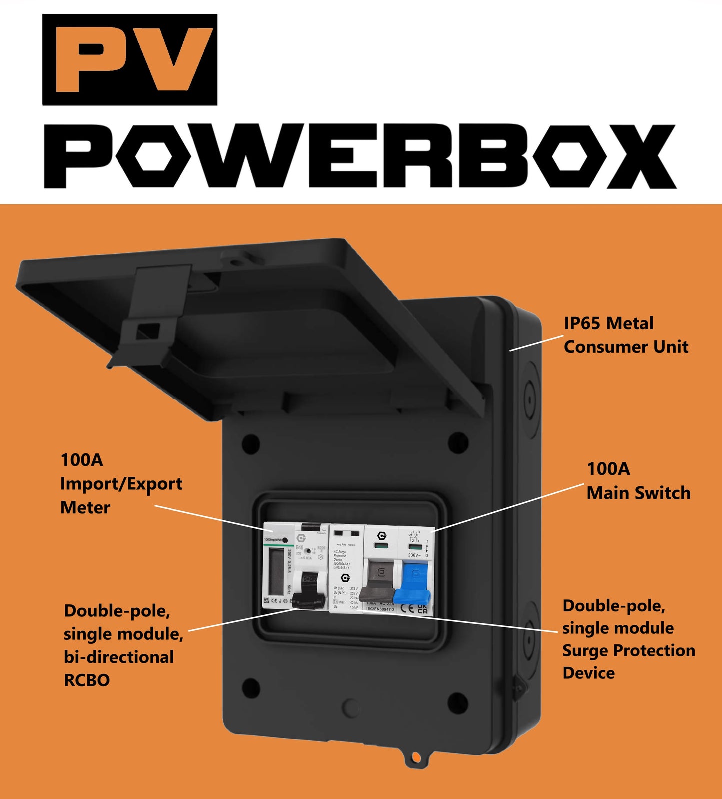 PV POWERBOX IP65 Black Metal Solar / EV Consumer Unit with Import/Export Meter, RCBO and SPD