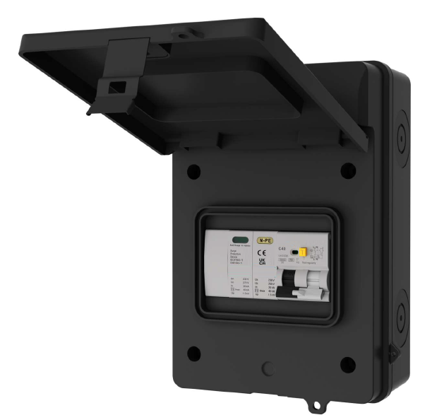 EV POWERBOX IP65 Metal, Black - 5 module IP65 Metal EV Enclosure with A Type Bi-Directional RCBO and SPD