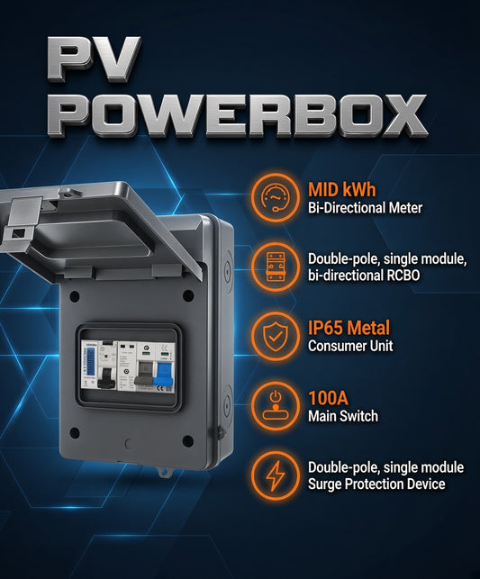 PV POWERBOX IP65 Black Metal Solar / EV Consumer Unit with Import/Export Meter, RCBO and SPD