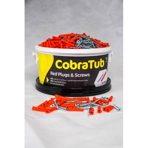 CobraTub 1 - 500 Red Wall Plugs and 500 1 1/2' no8 Pozi Twinthread screws c/w 2 Pozi Driver bits. - 100 per pack