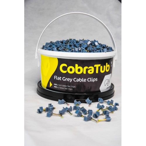 CobraTub 3 - Flat Grey T & E cable clips:- 400 x 1.0/1.5 T & E clips+ 400 x 2.5 T & E clips - 400 per packCopy of CobraTub 1 - 500 Red Wall Plugs and 500 1 1/2' no8 Pozi Twinthread screws c/w 2 Pozi Driver bits. - 100 per pack