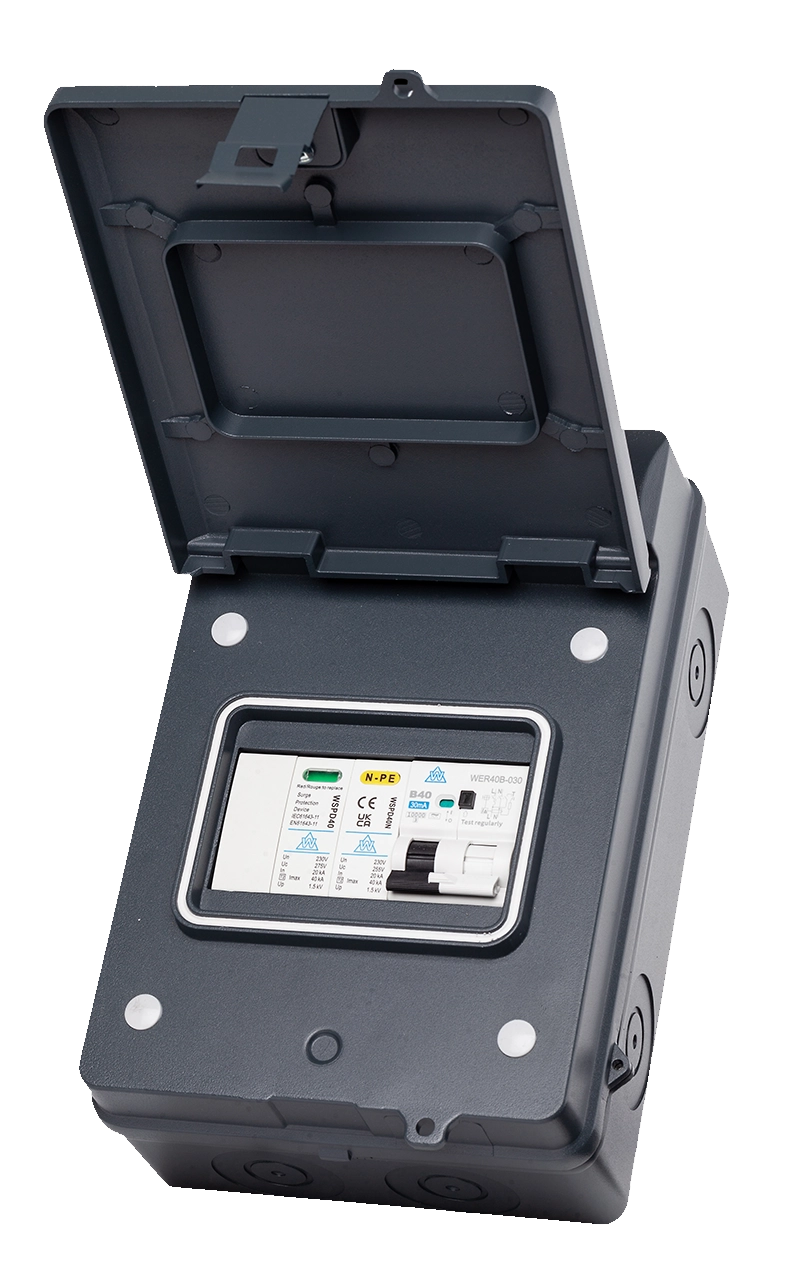 WCED IP65 Metal A Type 40A C curve RCBO EV Protection Unit + Surge Protection. WMIP40CSP